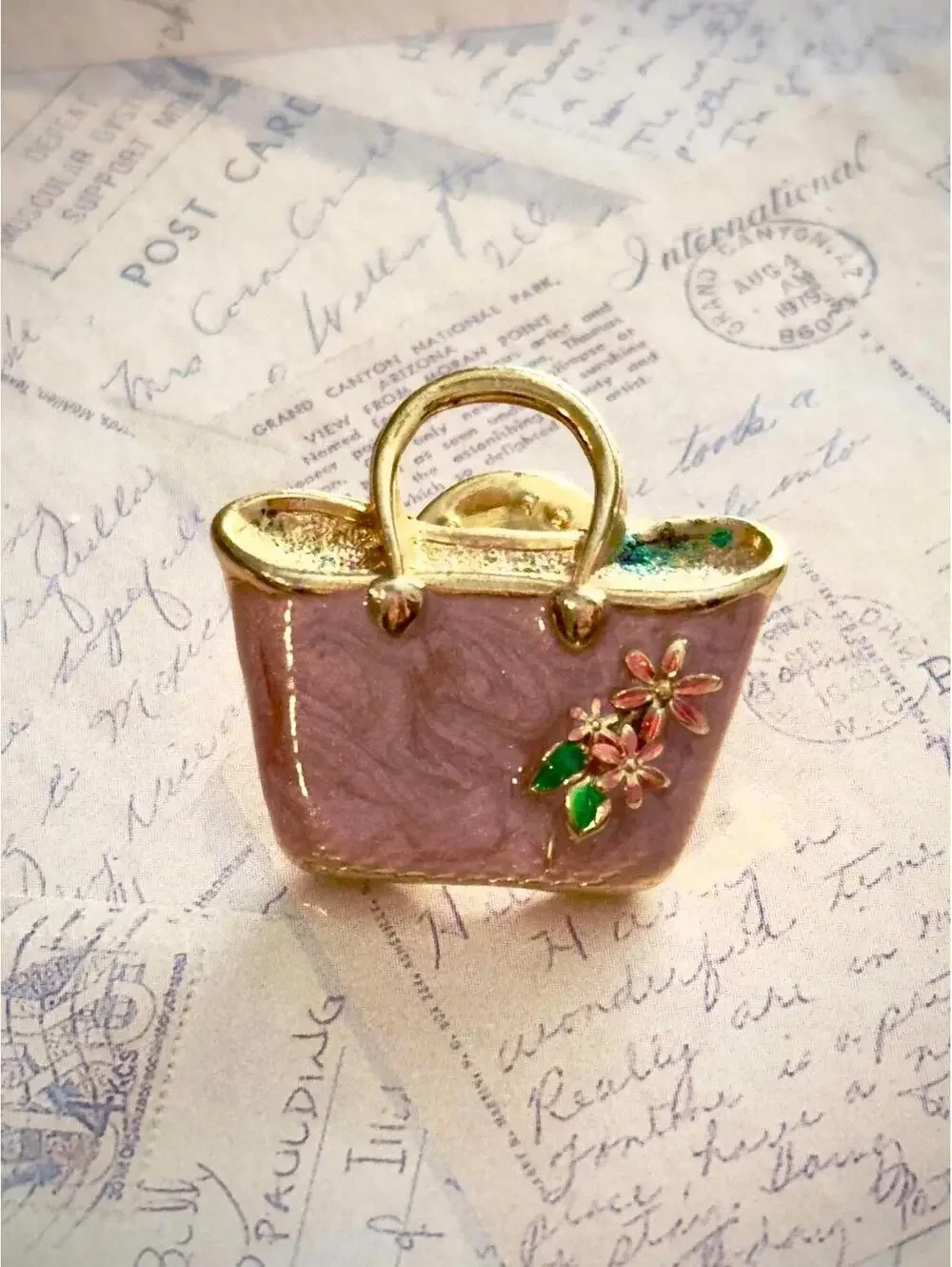 Signed Vintage Enamel Handbag Brooch | Blush Pink & Gilt Floral Accent